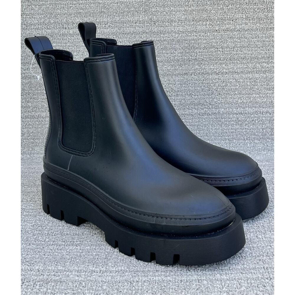 JEFFREY CAMPBELL Rain-Storm Platform Chelsea Black Rubber Boots Women's Size 10